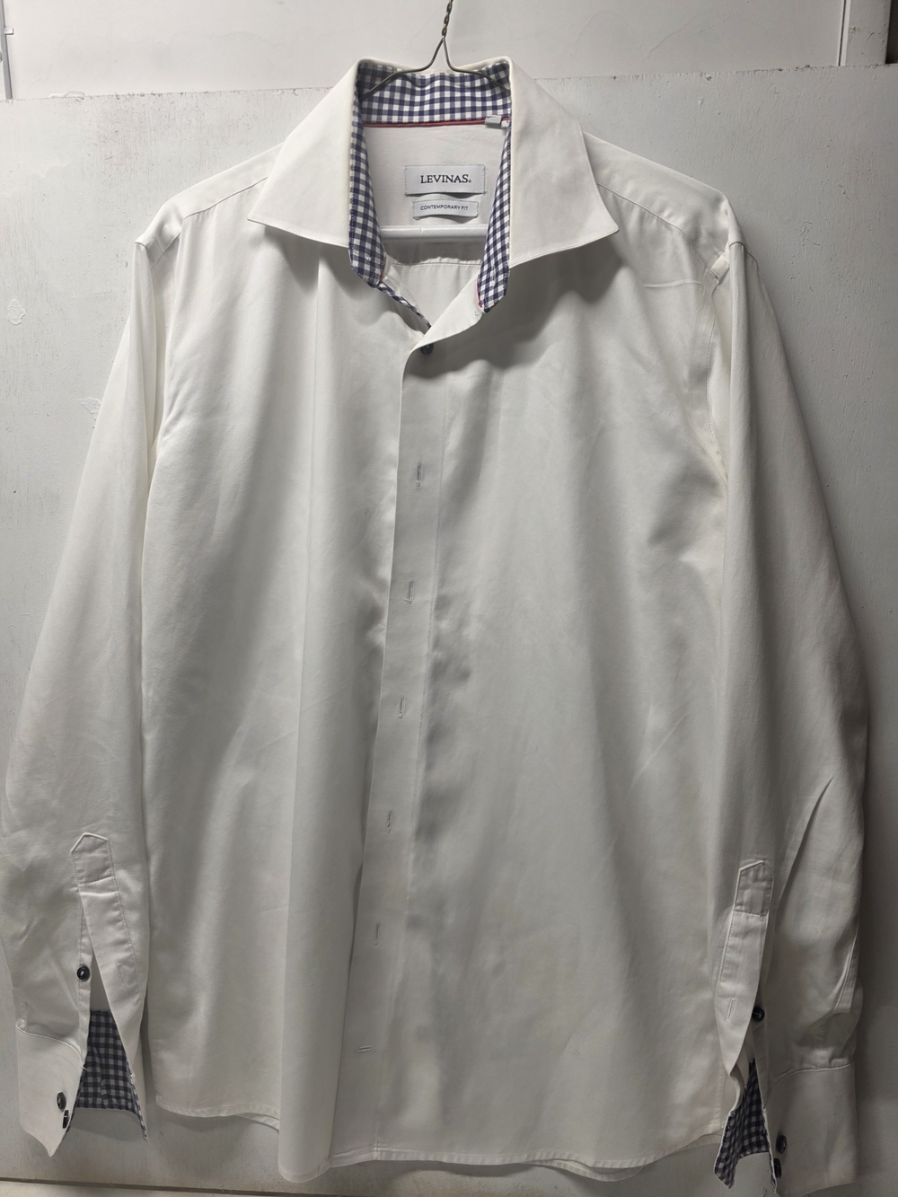 Levinas Contemporary Fit White Dress Shirt Blue Gingham Trim Size L